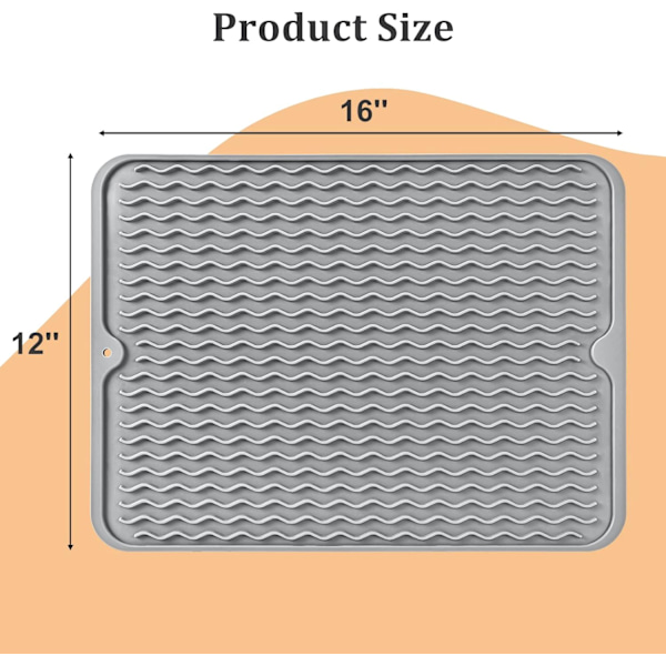 Silikone opvaskemåtte, silikone tørremåtte, varmebestandig opvaskemåtte, skridsikker, nem at rengøre tørremåtte til køkkenbordvask (40,64 cm x 30,48 cm, grå)