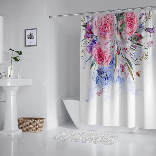 Pink Leaf Bruseforhængssæt, Æstetiske Blade Badeværelse Dekorative 72 X 72 Tommer Polyester Vandtæt Stof Badeforhæng med Kroge