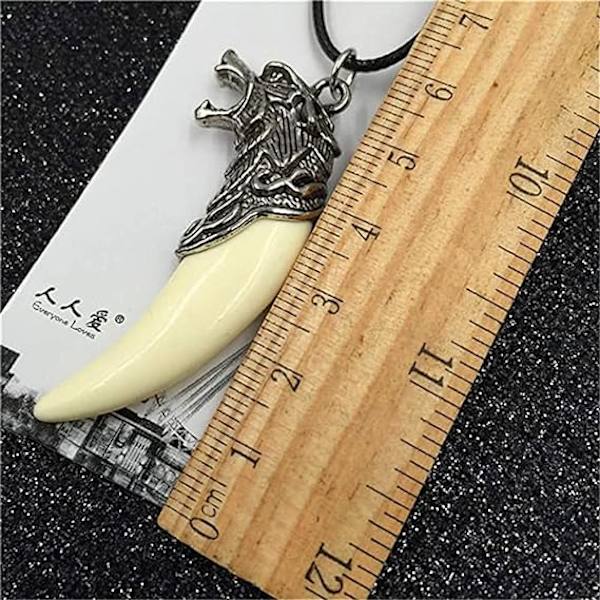 Halsband med varghuvud och hundtand i retrostil för män, smycke med spjut i läder för tonårspojkar och vuxna (01 Silvervit 01)