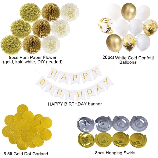 49-pack guld Grattis på födelsedagen dekorationer för kvinnor grillar, guld vit födelsedag dekoration set med födelsedagsbanner, guld vita konfetti ballonger