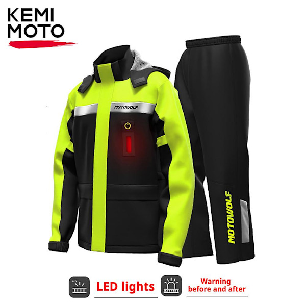Motorcykel Regnjacka Byxor LED Varning Regnrock Delad Dräkt Reflekterande Vattentät Keps Ogenomtränglig För Ridning Cykling Motocross Black Yellow LED M