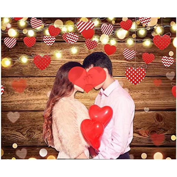 YQ Valentinsdag Baggrund Glitter Bokeh Brun Trævæg Røde Kærlighedshjerter Fotografi Baggrund Bryllup 5x3ft