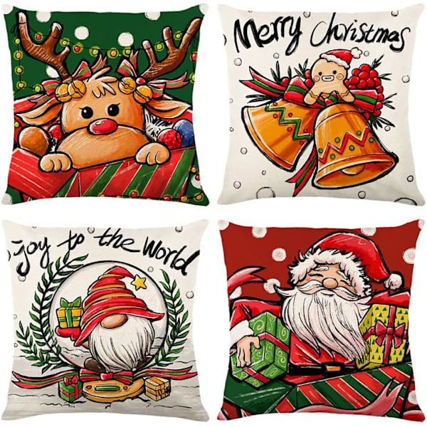 Juleputetrekk 45x45cm, 4-pak juledekorativ sofa i bomull og lin juleputetrekk til sofa seng stol hage-julefarge