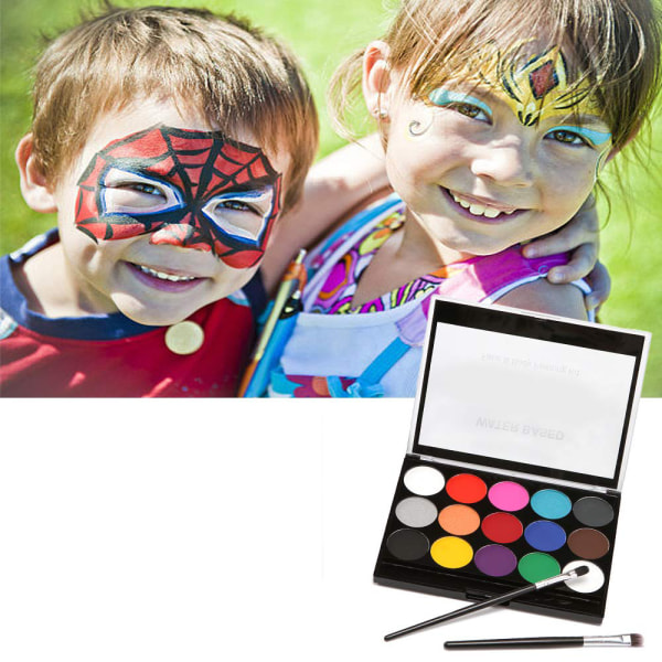 Sminkpalett för barn, set med 15 färger ansikts- och kroppsmålning med 1 pensel, lämplig för barn, fester, Halloween, cosplay