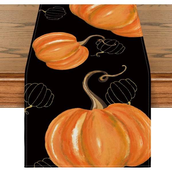 Aquarell oransje gresskar hule squash Thanksgiving bordløper svart, sesongmessig høst høst Halloween kjøkken 13 x 72 tommer