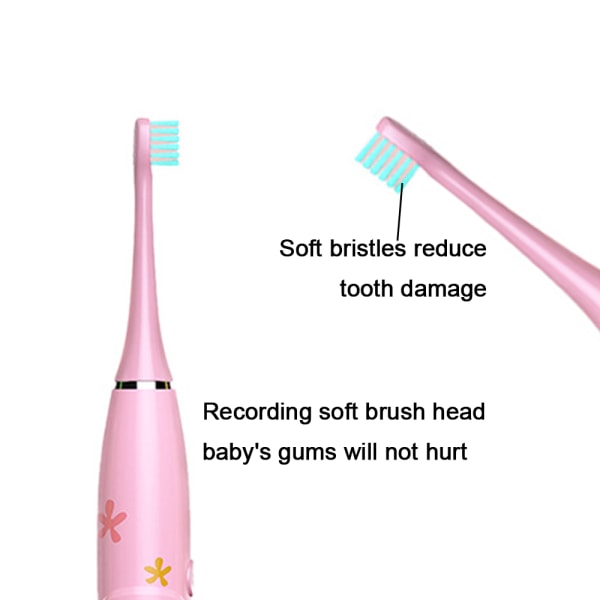 Elektriska tandborstar för barn med 4 borsthuvuden, 3 lägen med minne, Ipx7 vattentät, 2 minuter Build-2-12Pink