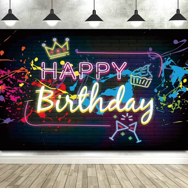 Glow Graffiti Födelsedag Bakgrund Banner, Extra Stor Happy Birthday Bakgrund Banner Skylt Foto Booth Bakgrund 72,8 x 44 Tum