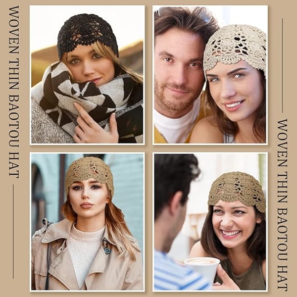 3 stykker hæklet Slouchy Beanie Hat Håndlavet Strik Blomster Sommer Skull Cap Elastisk letvægts bomuldsudskæringshatte, Khaki sort og hvid