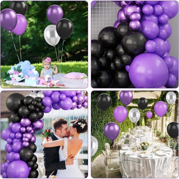 Lila ballonggirlandsats, 112 st svart lila metallisk silverballongbågesats, 5 10 12 18 tums latexballonger för examen