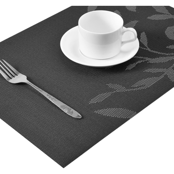 Svart placemats set om 6, placemats tvättbara avtorkningsbara, placemats och underlägg, halkfria värmebeständiga vävda vinylmattor för matbord