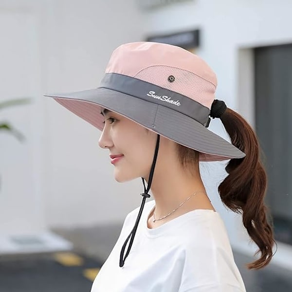 Dame Hestehale Safari Solhatt, Bred Bremskjerm UV-beskyttelse Utendørs Bøttehatt, Sammenleggbar Strand Sommer Fiskehatt