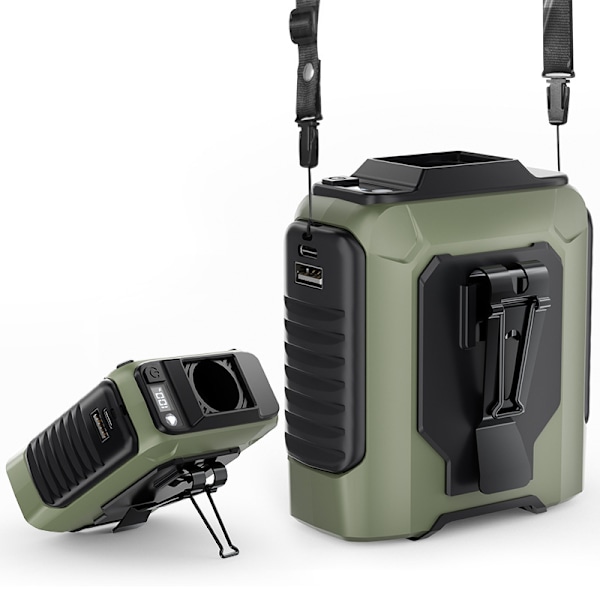 6-i-1 midjeklämma fläkt, fläktbatteri 8000 mAh, 5 vindhastigheter, drifttid 8-40 timmar, USB-laddning, med COB-ljus och mobil strömförsörjning Green