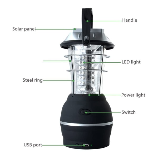 Solcellelygte, Ultra Bright LED Campinglampe, 2 Justerbare Lystilstande, 5 Opladningsmetoder, med Håndsving Dynamo, Lang