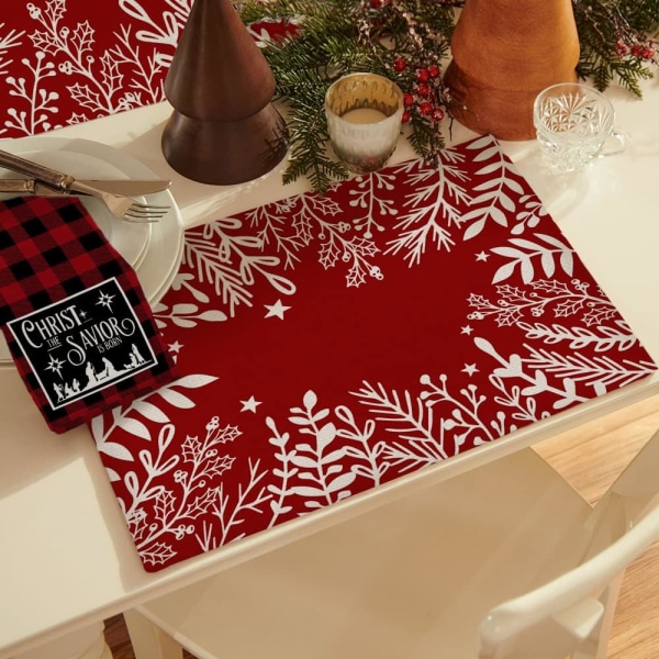 Christmas Floral Leaves Red Placemats 30.48 x 45.72 cm Set of 4,Seasonal Farmhouse Burlap Indoor Kitchen Table Decoration Home Party AP215-18