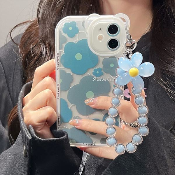 Kompatibel med iPhone 12 Skal med Söt Blomsterarmband Blommig Björnkamerans Lins Genomskinligt Skal med Kedja - Björnblu