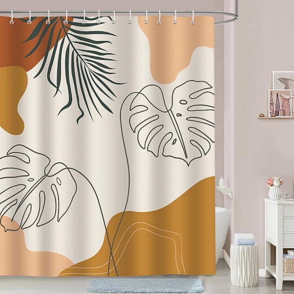 Abstrakt Boho Brun Badeforhæng 72 x 72 Tommer Mid Century Moderne Minimalistiske Blade Æstetisk Dekorativt Badeforhæng 12 Kroge