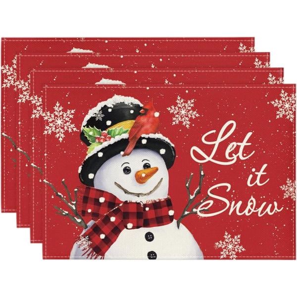 Röd snögubbe Låt det snöa Vinter bordstabletter Set med 4, 30,48 x 45,72 cm Säsongsbunden julbordslöpare för fest Köksmatsal dekoration