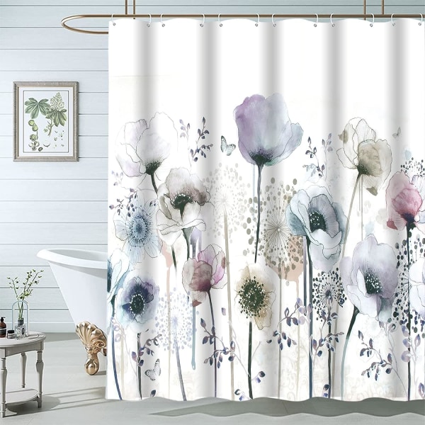 Blommiga duschdraperier för badrum, blå akvarell duschdraperi, gårdsbadrumsgardindekoration 72x72 tum (med 12 krokar)