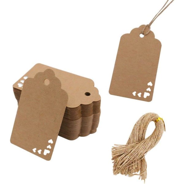 Kraftpappersetiketter, 100 st Hjärta Kraftpapperspresentetiketter Craft Hang Tags med gratis 100 rötter naturligt jutegarn