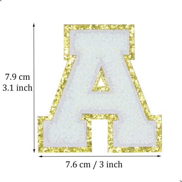 Bokstavslapp, självhäftande, engelsk bokstav A, strykjärnslappar för reparation, alfabetssyapplikationer, klädmärken, med guld (vit A) AVit