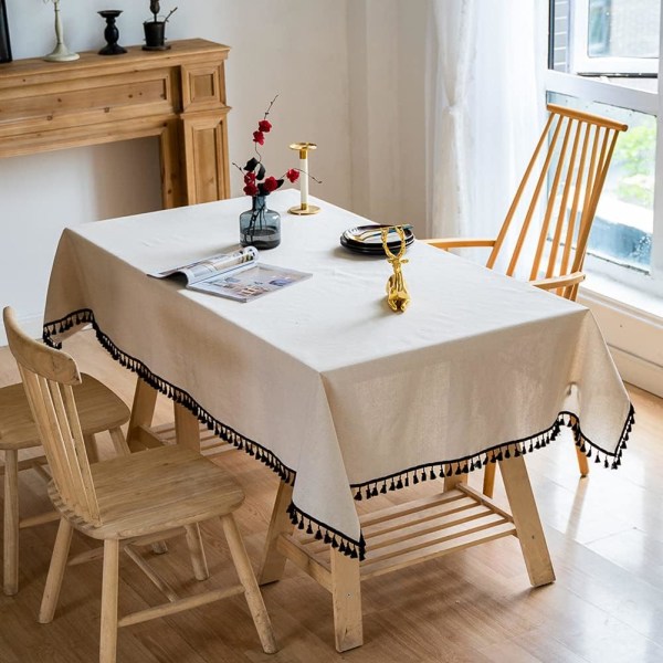 Rustik linneduk med tofsar, dammsäker bordsdukar för kök, matsal, fest, semester, jul, buffé (beige, 55\"x55\")