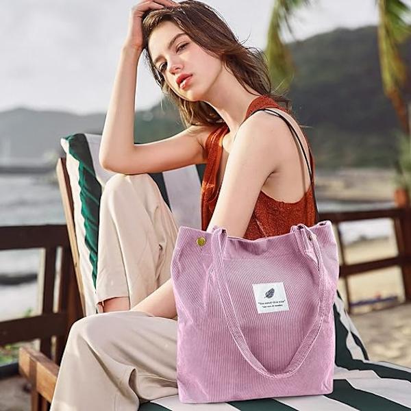 Cordfløyel Tote Bag for kvinner Canvas Skulder Cord Veske med Innerlomme