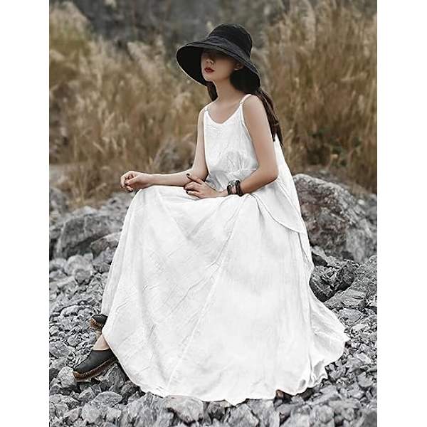 2023 Sommerkjoler til kvinder Solid Casual Loose Bohemian Kjole Spaghetti Stropper Maxi Kjole M01