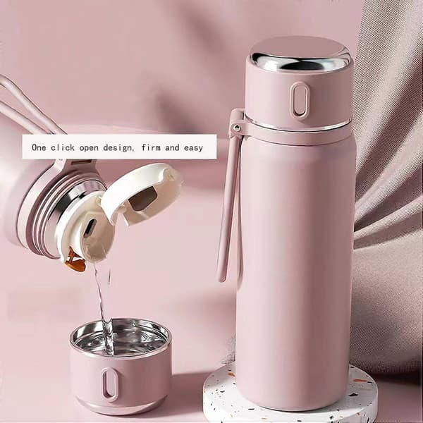 Termosflaske for varme drikker med kopp, rustfritt stål, kaffetermos med håndtak, 550 ml (rosa)