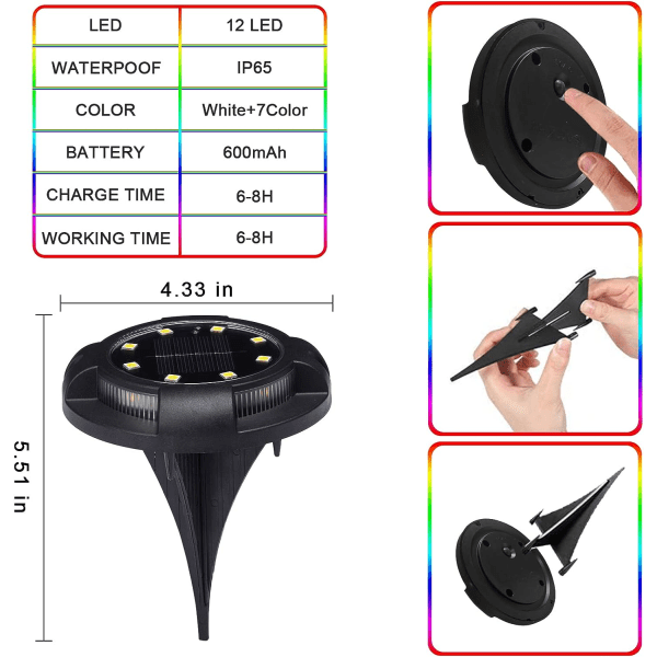 Solcelledrevne bakkelykter utendørs 12 pakker 8 LED-skivebelysning solcelledrevet vanntett nye innebygde lys for hagedekke trappetrinn (hvitt lys, 12PAKKE)