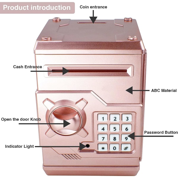 Elektronisk kode sparebøsse pengeseddel teller safeboks myntbank for gutter jenter passordlås etui (Rose Gold)