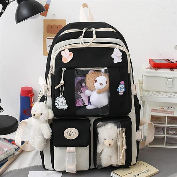 5 stk. Kawaii Rygsæk Casual Tasker Søde Æstetiske Rygsække med Tote Håndtaske Blyant Pen Etui Pung, med Søde Bjørn Vedhæng Pins (Sort)