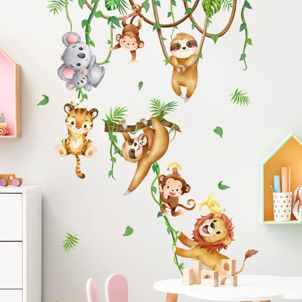 Djungeldjur tema Väggdekaler Väggdekaler för Baby Room Barnrum Dekoration, Monkey Lion Tiger Väggdekaler för dagis