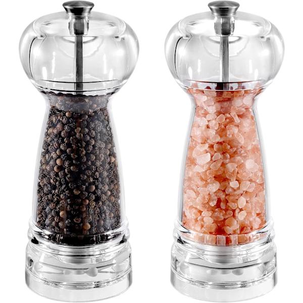 Set med 2 akrylsalt- och pepparkvarnar - Justerbar genomskinlig keramisk kropp - Himalayasalt- och pepparkvarn - Lätt att fylla