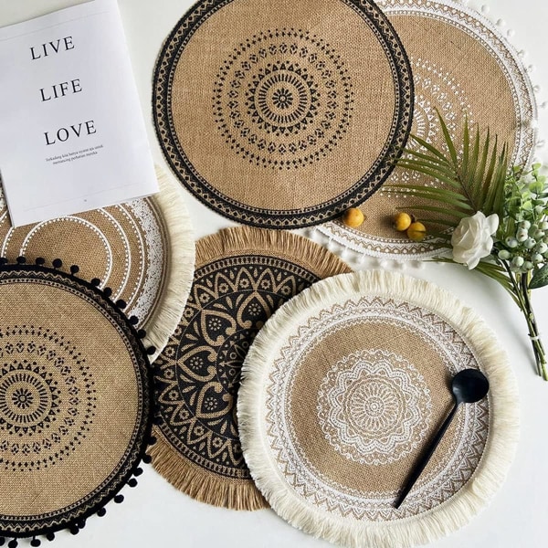 Set of 4 Boho Woven Round Placemat Handmade Table Mats Woven Jute Tassel Mat RetroTable Decor Fringe Cotton Coffee(Pompom Mix)