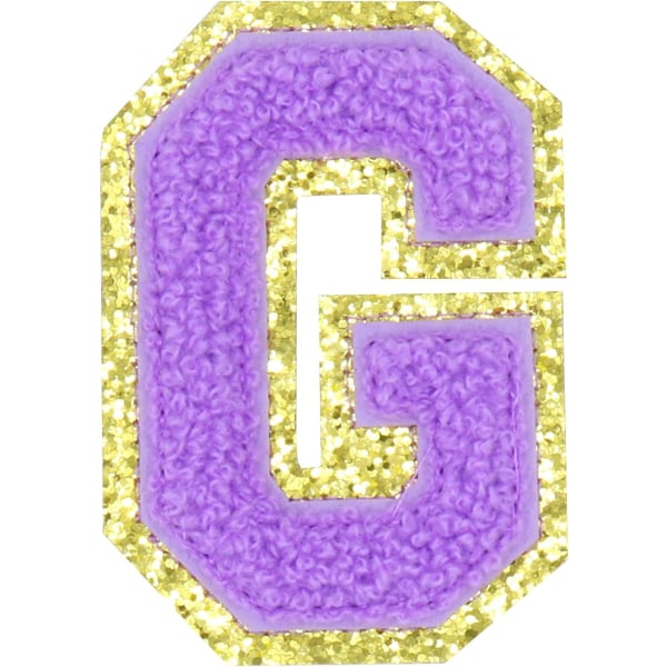 Engelsk bokstav G Stryk på reparasjonslapper Alfabetsøm Applikasjoner Klesmerker, med gullglitterkant, selvklebende bakklistremerke (lilla G) GPurple