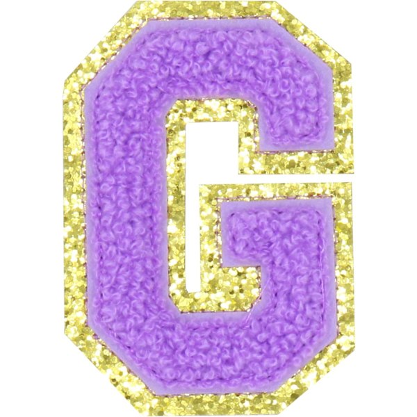 Englannin kirjain G - Silitysmerkit korjauslaastareille Aakkoset Ompelemissovellukset Vaatteiden merkit, Kultaisella glitter-reunuksella, Liima-taustatarra（Violetti G）GPurple