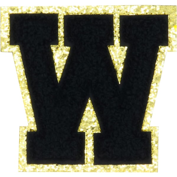 Engelska bokstaven W Stryk på reparationslappar Alfabetsömnad Applikationer Klädmärken, med guldglitterkant, självhäftande bakdekal（Svart W）Wsvart