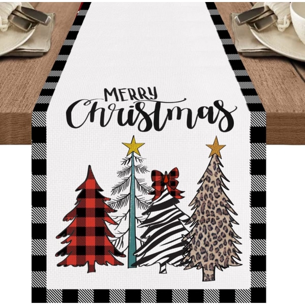 Plaid Christmas Trees Merry Xmas Table Runner, Seasonal Winter Holiday Kitchen Dining Table Decoration for Indoor Outdoor 13 x 72 Inch