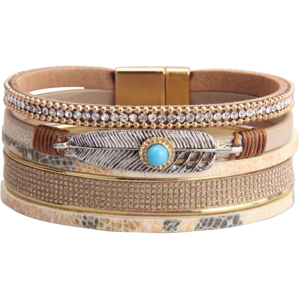 Heyone Dam Läder Manschett Armband Fjäder Multi Strand Armband Wrap Armband Turkos Boho Armband Flätad Läder