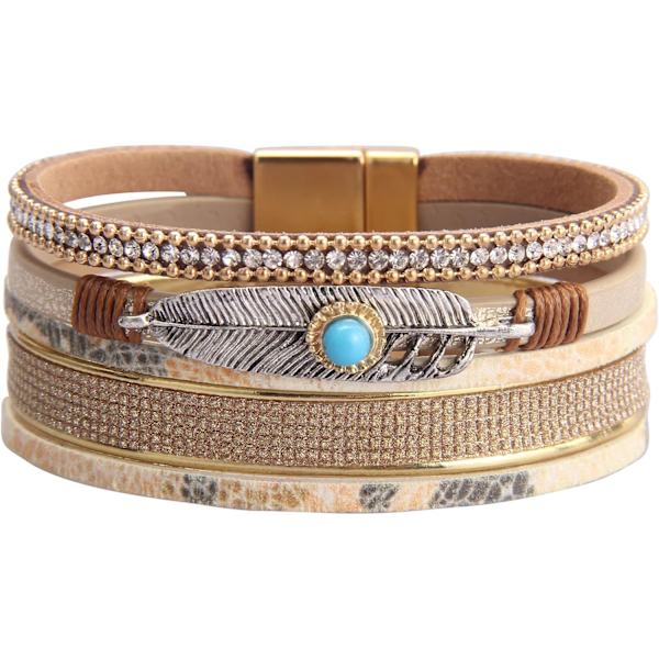 Heyone Dame Læder Manchet Armbånd Fjer Multi Strand Armbånd Wrap Armbånd Turkis Boho Armring Flettet Læder