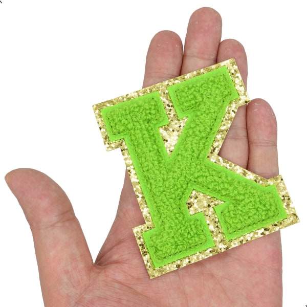 Engelska bokstaven K Stryk på reparationslappar Alfabetsömnad Applikationer Klädmärken, med guldglitterkant, självhäftande bakdekal（Grön K）KGrön