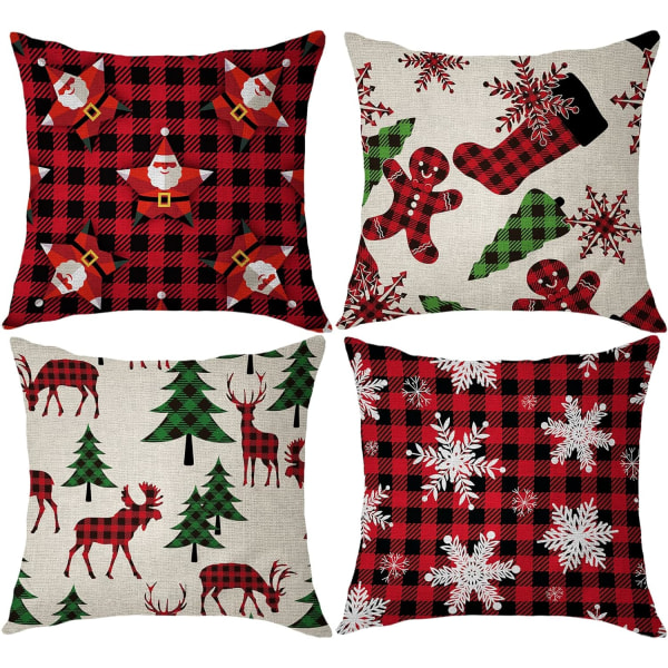 Christmas Pillow Covers 18x18 Inch Set of 4-Thick Christmas Pillowcase Plaid Deer Snowflake Gingerbread Man