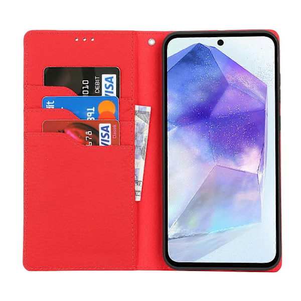 För Samsung Galaxy S24 FE Skal Litchi Textur Äkta Läder Telefonfodral med Rem Red