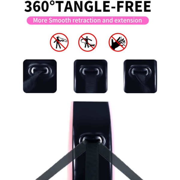 Indtrækkelig hundeline, 16 fod [stærk nylonrem] 360° tangle-fri til små og mellemstore hunde op til 30 pund, enhåndsbremse, pause, lås (pink)