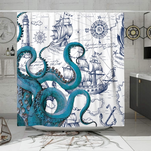 Blue Nautical Octopus Duschdraperi Set, Funny Ocean Kraken Duschdraperier för badrum, Beach Coastal Pirate Map Decor Polyester Tyg-72" x 72"