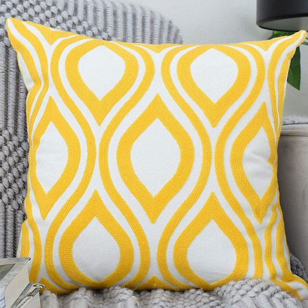 Boho broderad kuddfodral i bomull, fyrkantig, geometrisk mönster, dekorativt kuddfodral för soffa, säng, bil, 18x18 tum, gul B