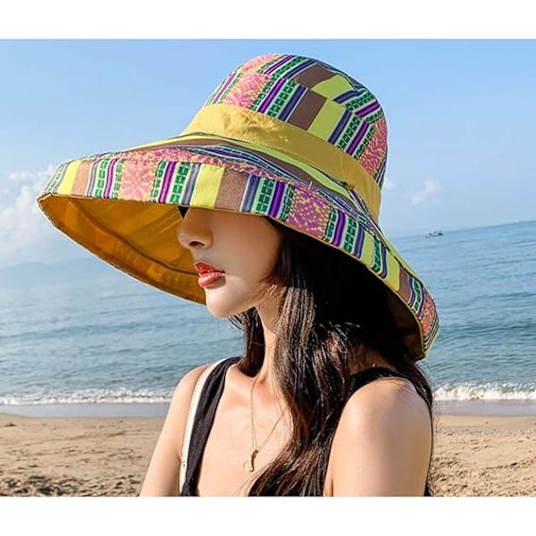 Solhatt för kvinnor, sommarstrand, UV-skydd UPF, hopfällbar, bred brätte, haksnöre, kan bäras på båda sidor, storlek bucket hat