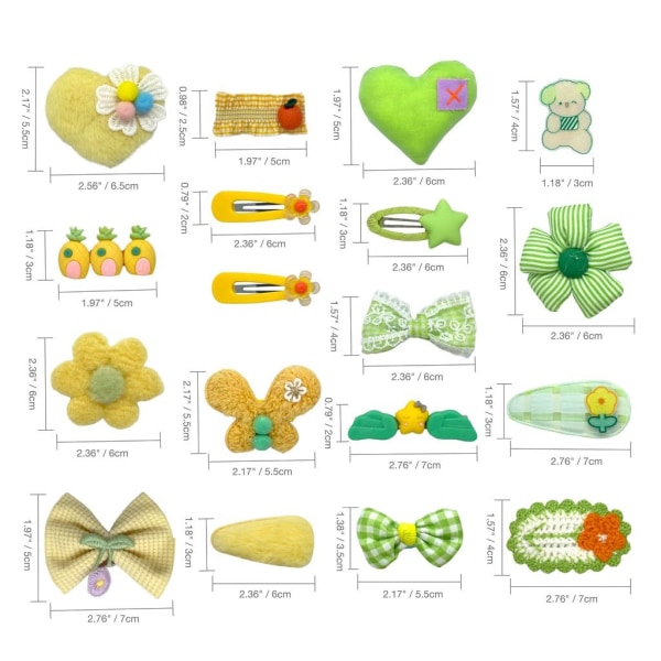 Grønne og gule 18-pak søde hårtilbehør til piger - Toddler hårklemmer, spænder og sløjfer, Alligator-foret