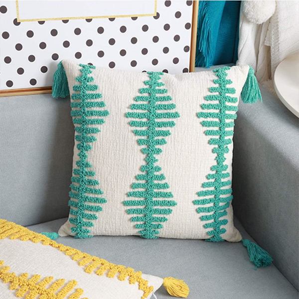 Dekorative Boho Tufted Geometriske Pynteputer Trekk med Dusker Kvadratiske Pynteputer Trekk for Seng Sofa Stol(Grønn, 18\"x18\")