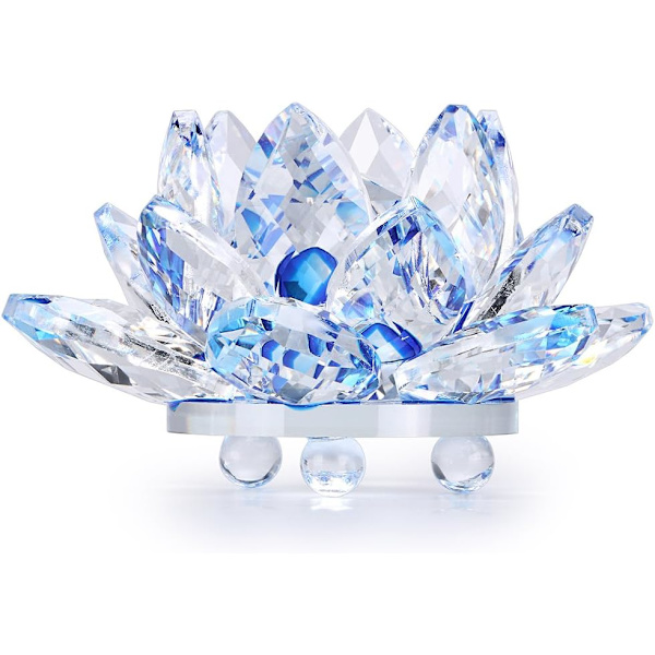 Glittrande Kristall Lotusblomma Hue Reflektion Feng Shui Heminredning med Presentförpackning (4 Tum/ 100MM Blå)